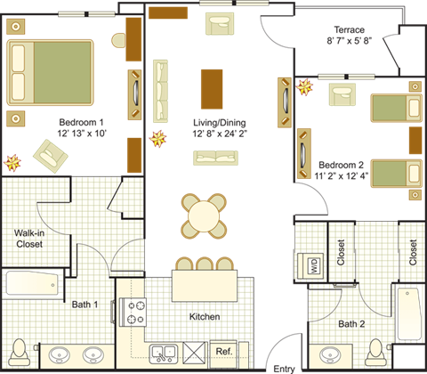 Floor plan for 2 beds, 2 baths, 1142 sqft